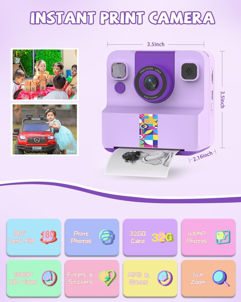 Sylvanthos Kids Camera Instant Print, Digital Camera for Kids, 180° Rotating Selfie Lens with 32GB SD Card & 2 Rolls Printing Paper Kids Toy Birthday Gifts for Boys Girls Ages 3-12, Purple - Image 2
